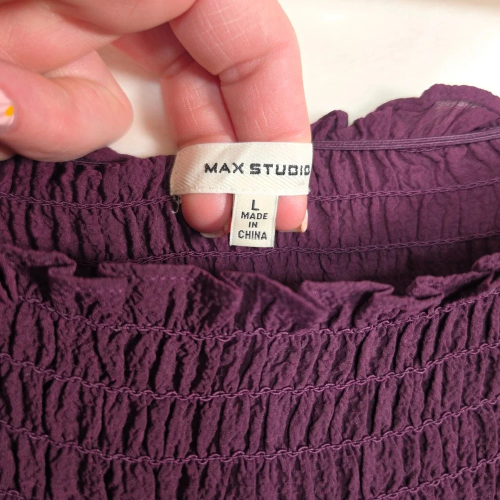 Max Studio‎ Maxi Dress Womens L Purple Boho Cottage Puff Sleeve Tiered Smocked